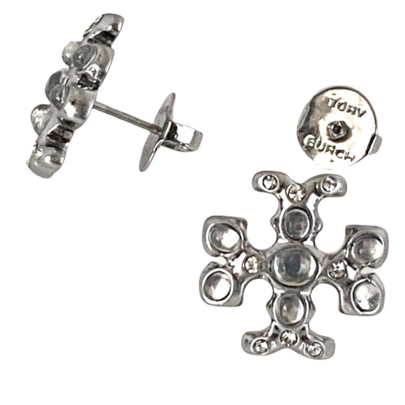 NEW Roxanne Silvertone Resin & Crystal T-Logo Stud Earrings - Picture 4 of 5